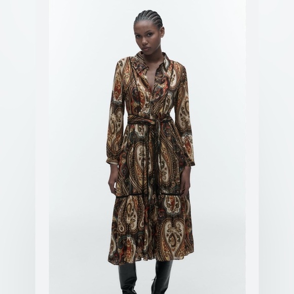 Zara Alabama Belted Midi Shirt Dress Women’s Medium Gold Paisley Lurex Button Up - Picture 5 of 13